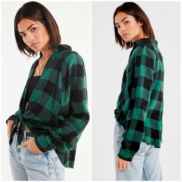 Urban Outfitters BDG "Courtney" tie front green black plaid flannel shirt SMALL - Picture 1 of 6